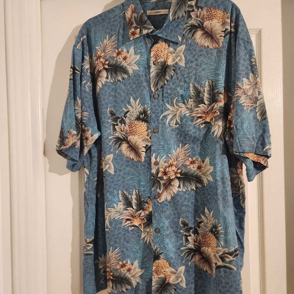 Campia Mens Hawaiian Shirt Short Sleeve Button-Down Blue White Flowers L